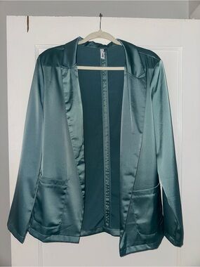 glam Teal Satin Open-Front Blazer